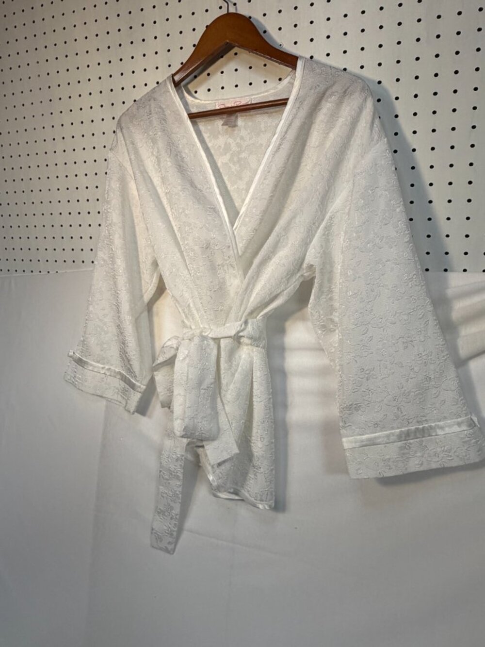 Oscar de la Renta Robe L White Kimono Satin Jacquard Wrap Pink Label Loungewear